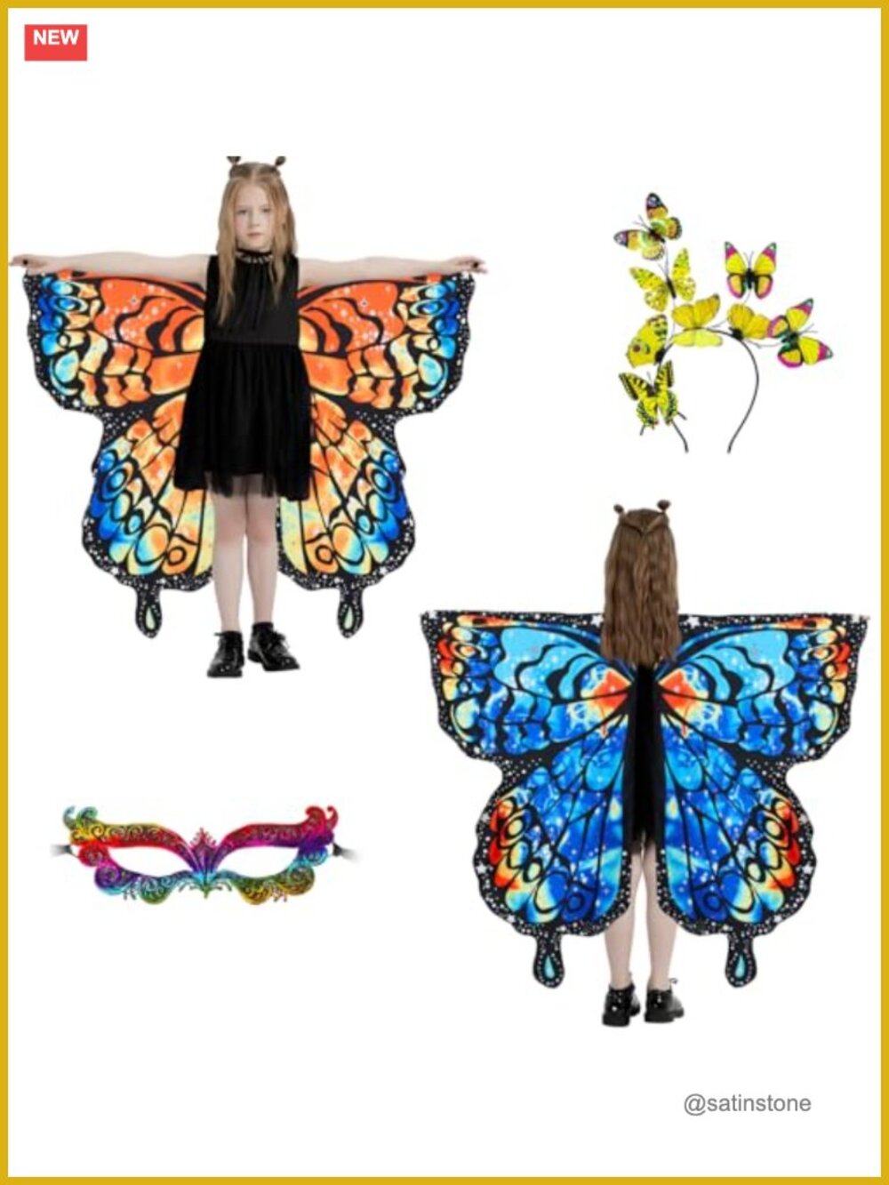 Girls Butterfly Wings Costume Set 3PCS Cape Mask Headband Dress Up